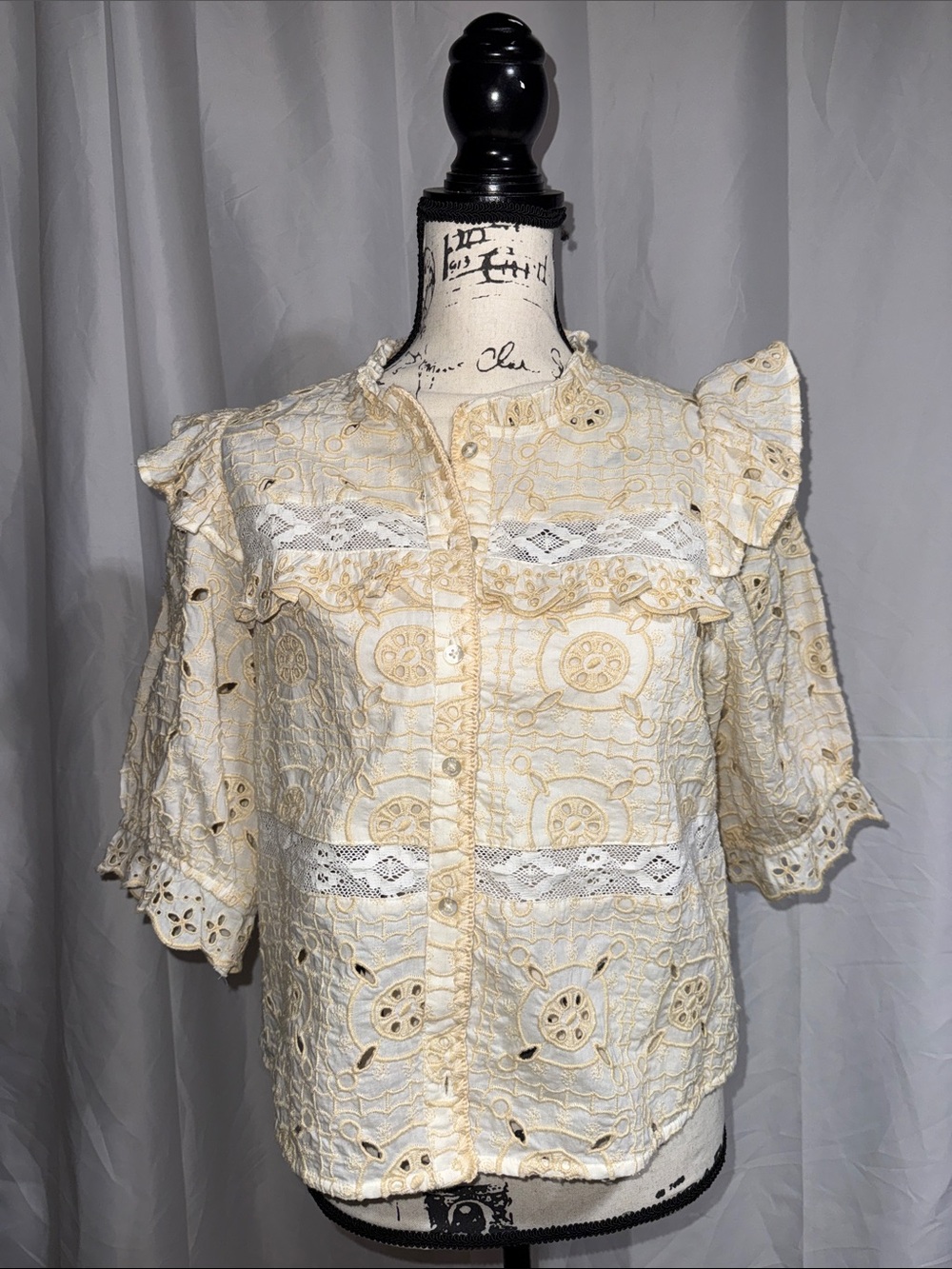 Sam Edelman Cream Eyelet Ruffle Puff Sleeve Blouse